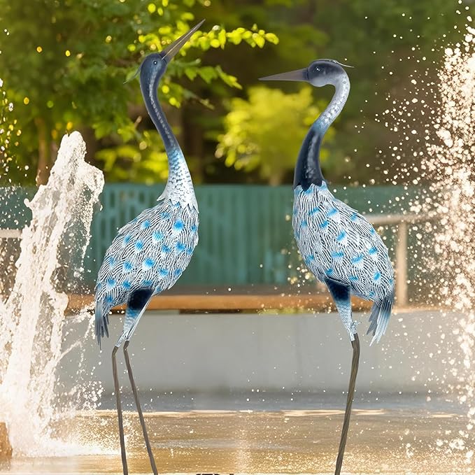 HONGLAND Garden Crane Statues Blue Heron Sculptures for Outdoor Metal Large Birds Lawn Ornaments for Yard Patio Porch Outside Decorations,Set of 2