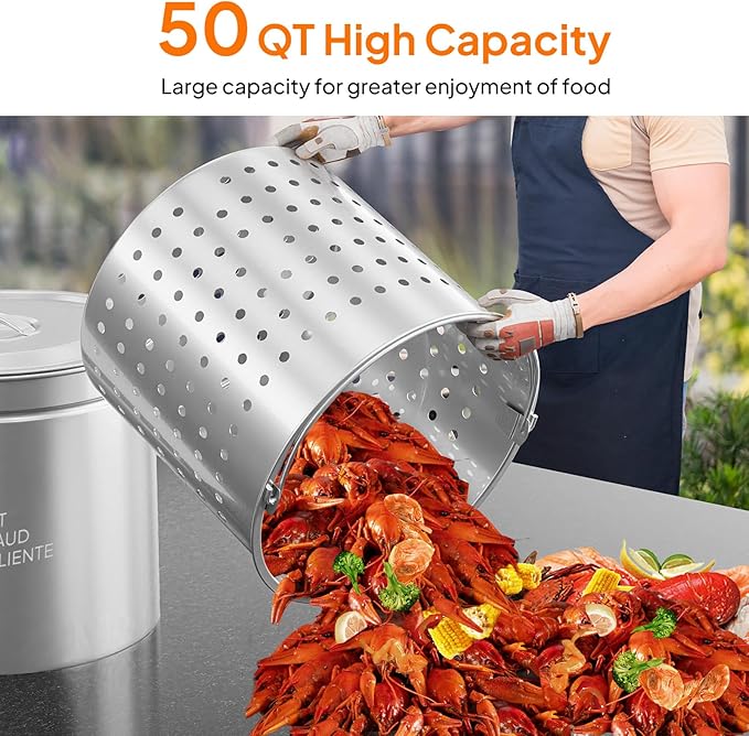 ROVSUN 50QT Stainless Steel Seafood Boil Pot With Strainer Basket, Lid & Hook, Versatile Stock for Crab, Lobster, Shrimp Boiling, Heavy-Duty Turkey Fryer for Outdoor Cooking & Gatherings