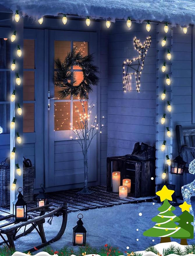 C7 Christmas Lights Outdoor, 25Ft Outdoor Christmas String Lights with 25 Warm White Incandescent Bulbs, Hanging Vintage Christmas Decorations Light for Roofline House Garden Patio Backyard