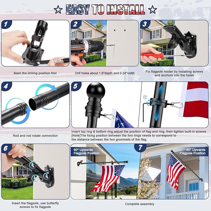 REERON House Flag Pole, 5 FT Metal Spinning Flag Poles Kit, 1" Tangle Free Stainless Steel Flagpole with 360° Flag Rings & 2-Position Holder Bracket for Outside House Porch Wall Mount for 3x5 Flag
