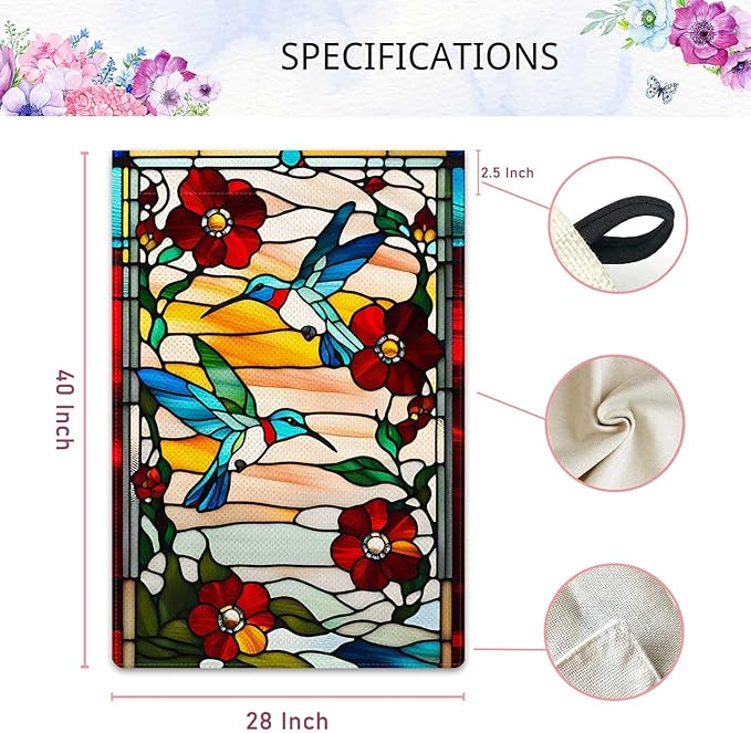 Spring Summer Hummingbird Garden Flag Glass Style Vertical Double Sided Rustic Farmland Burlap Yard Lawn Outdoor Decor 28x40"