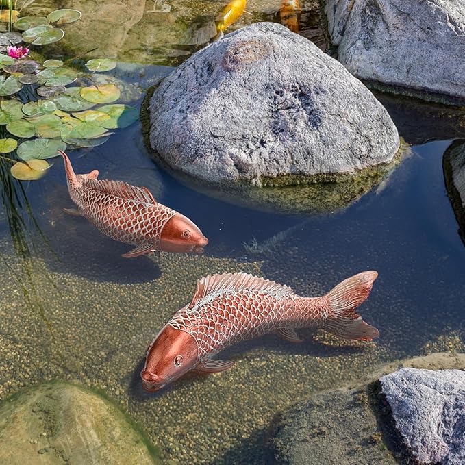 Garden Statues Koi Fish Decor Outdoor Garden Fish Statues, Set of 2 Antique Copper Koi Art Sculptures for Patio, Backyard, Pond and Home Decor for Women Mom