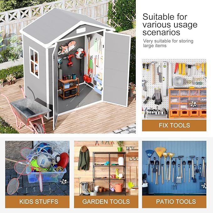 Resin Outdoor Storage Shed with Floor 6x3 FT Waterproof Plastic Sheds Kit Window Lockable Door Included, Outside Garden Tools Sheds for Backyard Patio