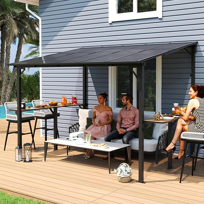 MEISSALIVVE 8' x 10' Wall Mounted Gazebo, Outdoor BBQ Grill Gazebo with Side Shelf, Lean to Metal Awnings with Sloped Roof, Heavy Duty Pergola for Backyard, Deck, Black