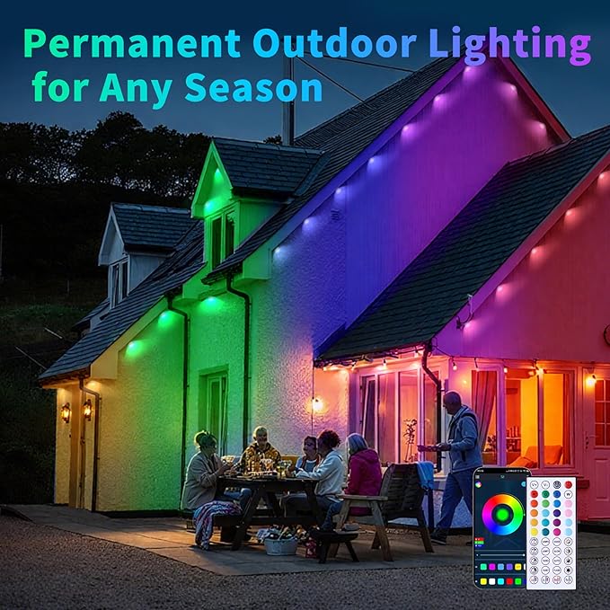 100ft Dynamic Smart RGB LED Permanent String Lights App Remote Color Sync Waterproof Outside House Lights Outdoor Transform Backyard Parties Patio Nights Holiday Magic Festive Glow Instantly