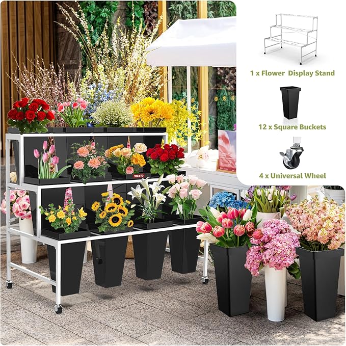 Flower Display Stand 3 Layers with 12 PCS Round Buckets, Plant Stand with Wheels, Movable Metal Plant Stand for Terrace Garden, Living Room, Florist Shop