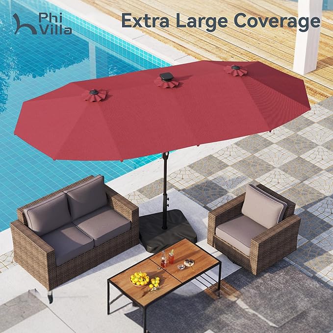 PHI VILLA 13ft Patio Umbrella with Solar-Powered 120 PCS LED Color-Changing Lights, Triple-Head Large Rectangle Umbrella Outdoor Patio for Table with Crank Lift,Red(No Base)