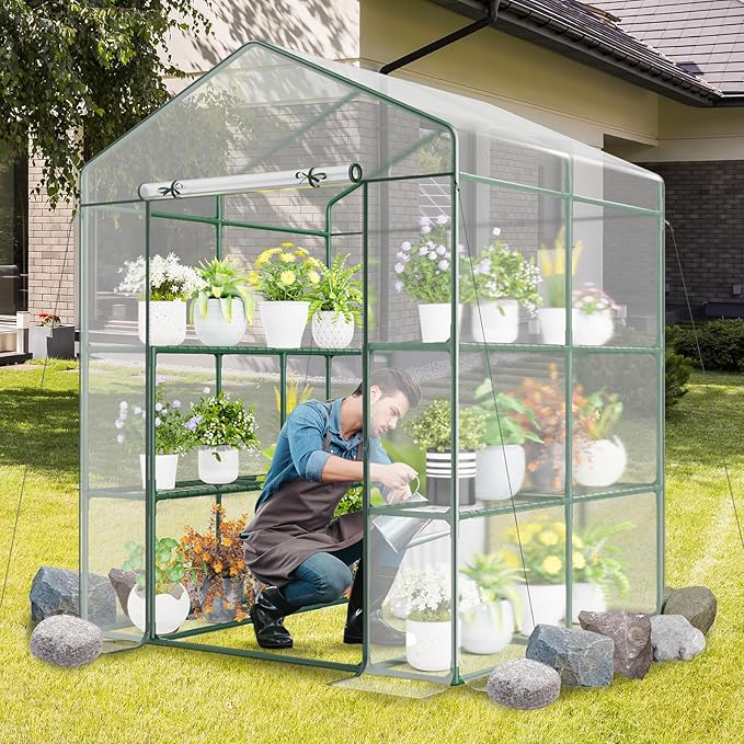 Happygrill Walk-in Greenhouse, Winter Hot House w/4 Tiers, 8 Shelves, Roll-up Zippered Door, Waterproof PVC Film, Portable Greenhouses for Outdoors for Potted Plants, Fruits, Vegetables, Flowers