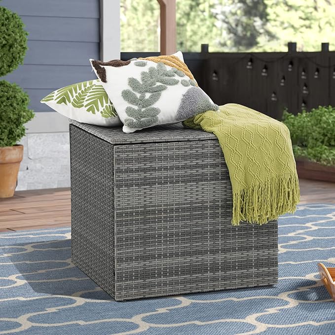 Patiorama 88 Gallon Wicker Deck Box, Indoor/Outdoor Storage Box for Patio Cushions and Gardening Tools - Resin Rattan Patio Cushion Storage Bin, Grey