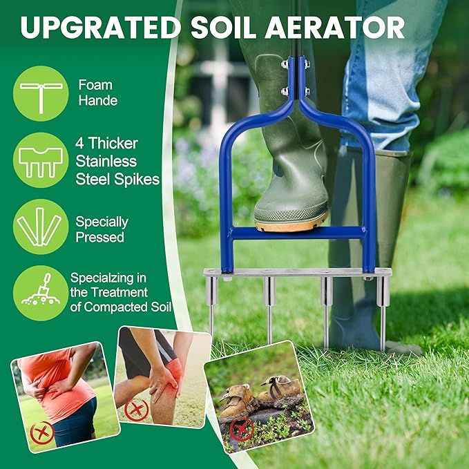 Spike Tine Fork Lawn Aerator - Four 5.2'' Stainless Steel Spikes Manual Gardening Hand Tool - Grass Dethatcher Aerator Lawn Tool with Solid Tines for Compacted Soil - Lawn Plugger Aerator