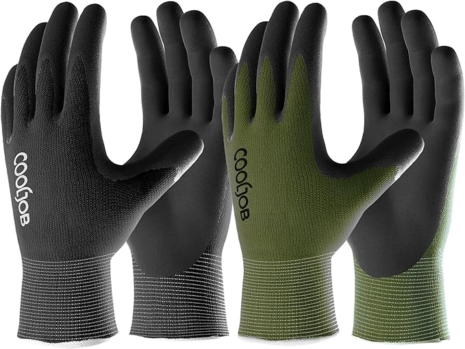 COOLJOB Gardening Gloves for Men, 2 Pairs Breathable Rubber Coated Garden Gloves for Weeding Landscaping, Outside Work Gloves for Lawn Yard, Men’s Xlarge Size, Black & Green (2 Pack XL)