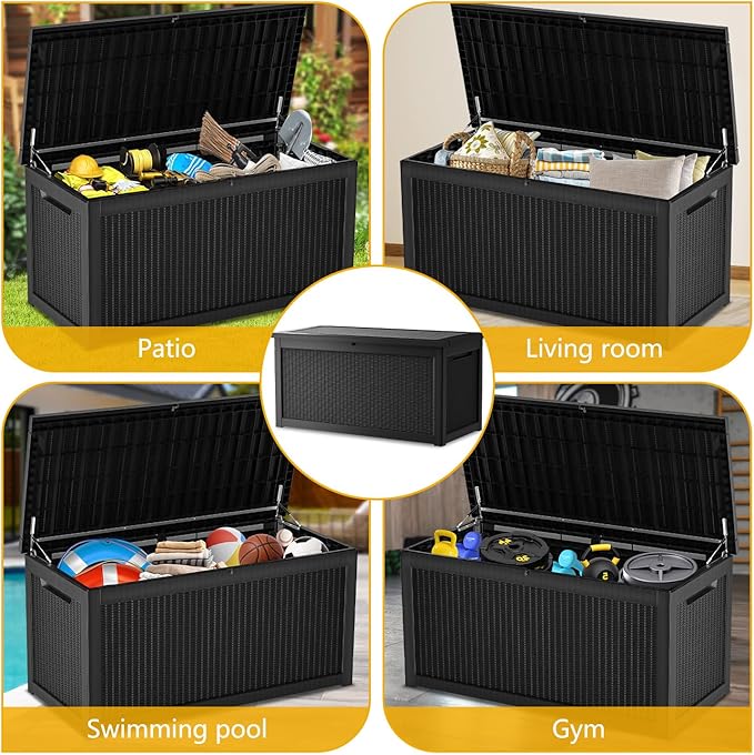 320 Gallon Deck Box, Resin Outdoor Indoor Waterproof Storage Box, Lockable Storage Box With Handle for Patio Furniture - Garden Tools - Swimming Pool Tools UV-Resistant - Black