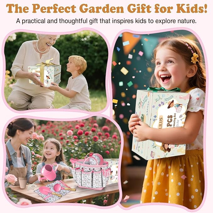 Kids Gardening Tool Set 18PCS Kids Toddler Gardening Set Includes Tote Bag Watering Can Apron Hat Rake Shovel Spoon Gloves Plant Pots and Labels, Outdoor Toys Gift for Boys Girls (Pink)