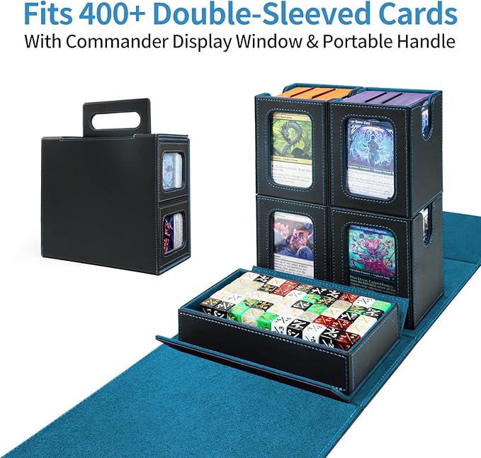 AFIING Commander Deck Box for MTG, Holds 400+ Double-Sleeved Cards, 4 Removable Deck Cases with Display Window, Dice Tray/Handle,Trading Card Storage Organizer/Dividers for TCG (Black Cyan)