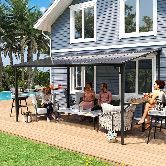 MEISSALIVVE 10' x 14' Wall Mounted Gazebo, Outdoor BBQ Grill Gazebo with Side Shelf, Lean to Metal Awnings with Sloped Roof, Heavy Duty Pergola for Backyard, Deck, Black