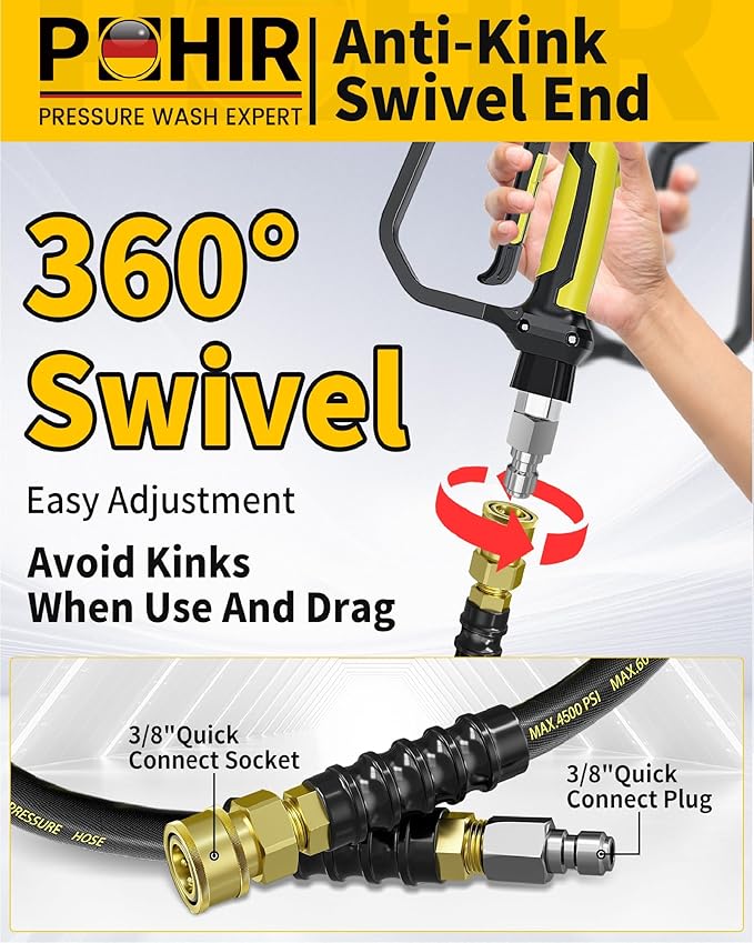 POHIR Pressure Washer Hose 70ft 4500PSI, Power Washer Hose Steel Wire Braided 3/8'' Swivel Quick Connect, 5/16'' ID. Commercial Grade Industrial High Pressure Water Washing Hose