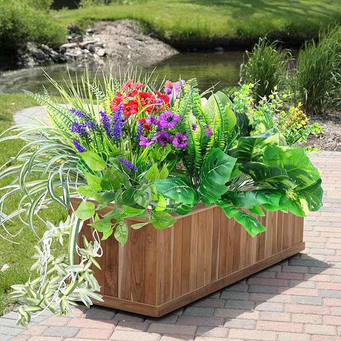 14 Bundles Artificial Plants Outdoor UV Resistant, Fake Greenery Plant Flower, Faux Boxwood Boston Fern Shrubs Bushes with Plastic Stems & Flowers for Garden, Porch, Planter, Patio, Xmas Decor
