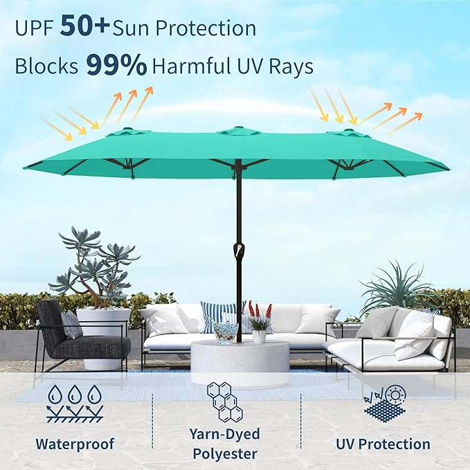 15FT Double Sided Patio Umbrella with Base Included Large Outdoor Market Umbrella with Crank Handle, UV Resistant Canopy, Sturdy Frame for Garden, Poolside, Deck, Turquoise Blue