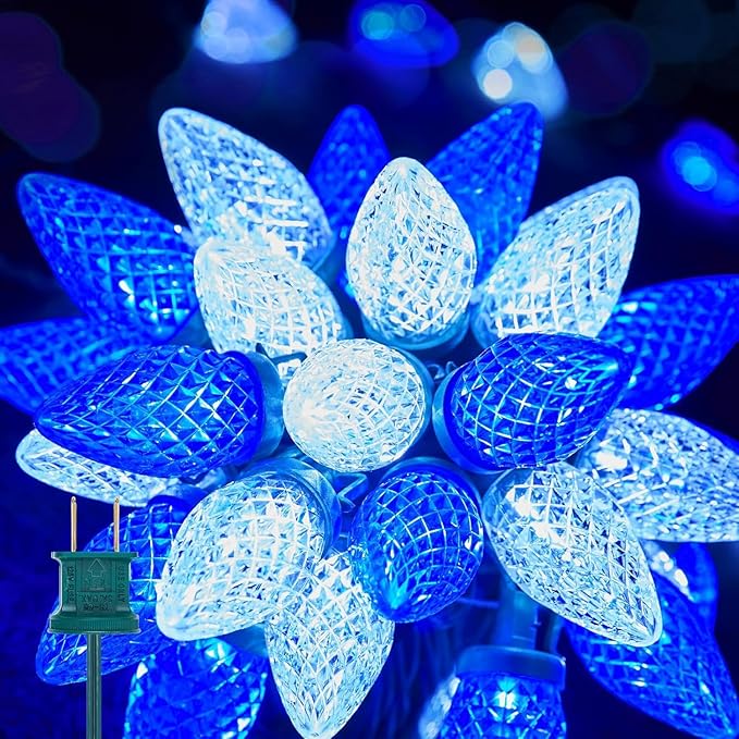 Brightown C9 LED Christmas Lights Outdoor, 33ft 50 LED Waterproof Strawberry String Lights, Extendable Green Wire Lights String for Outdoor Indoor Patio Party Decoration, Blue and White