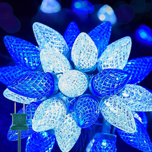 Brightown C9 LED Christmas Lights Outdoor, 33ft 50 LED Waterproof Strawberry String Lights, Extendable Green Wire Lights String for Outdoor Indoor Patio Party Decoration, Blue and White