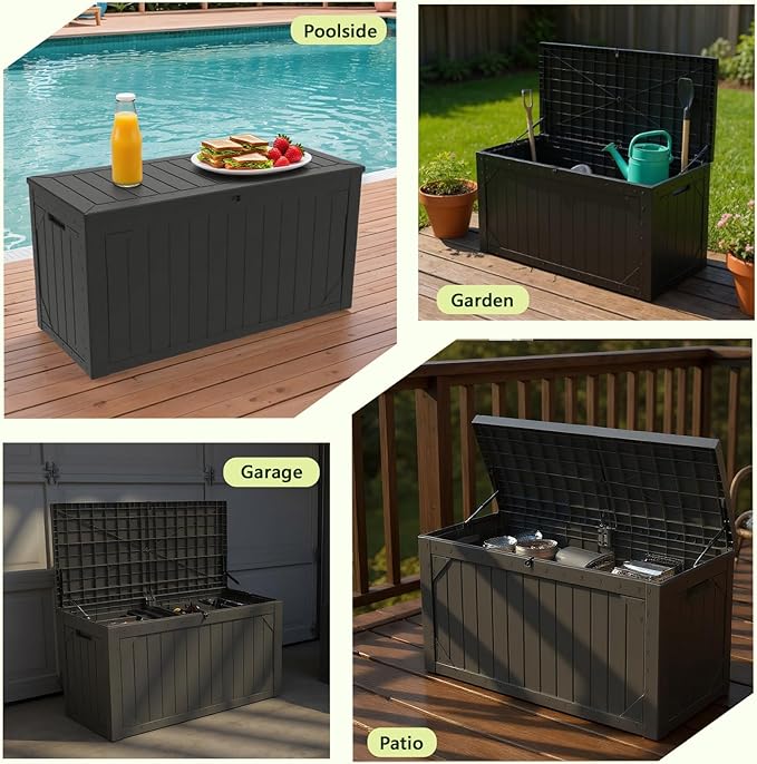 100 Gallon Resin Deck Box, Waterproof Outdoor Storage Bin for Patio Furniture, Pool Accessories, and Garden Tools, Lockable & UV-Resistant, Black
