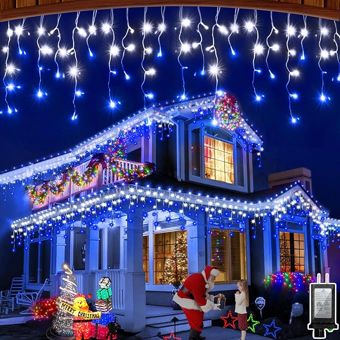 66FT 670 LED Outdoor Christmas Lights - 148 Ice Drops, 12 Pro Modes with Timer Memory & Brightness, Waterproof Hanging Ice String Light for Holiday Wedding Garden Fence House Decor (White & Blue)