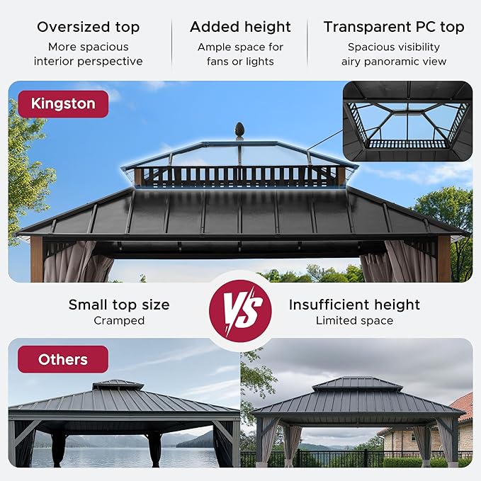 SUNJOY Kingston 12' x 10' Hardtop Gazebo with Galvanized Steel/Polycarbonate Double Roof, Curtain and Netting, Woodgrain Finish Aluminum Posts Permanent Pavilion Gazebo for Garden, Patio, Deck, Lawn
