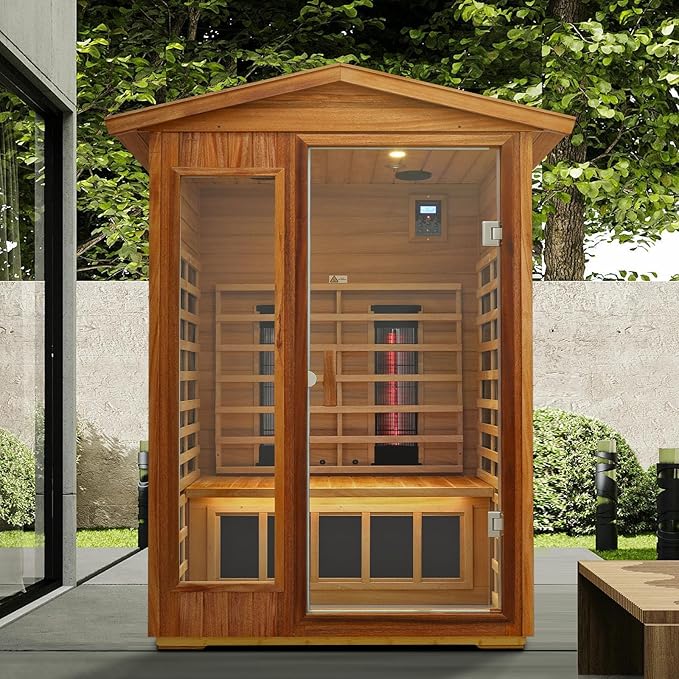 Outdoor Sauna 2 Person, Ceramic Infrared Saunas for Home, 0－5 mg Low EMF Infrared Sauna, Mahogany Wood Home Sauna Room with Bluetooth Speakers, LED Reading Lamps, Chromotherapy Lights
