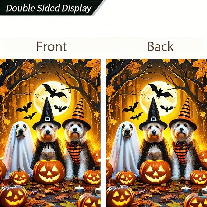 Halloween Ghost Dog Garden Flag Scary Pumpkin Cute Dogs Trio in Witch and Ghost Garden Flag Vertical Double Sided 12x18 Inch Welcome Yard Flag for Halloween Farmhouse Holiday Yard Outdoor