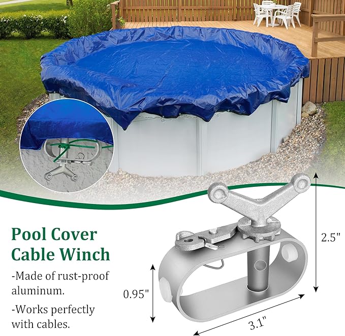 Belleone Swimming Pool Cover Cable and Winch Kit - 150ft Plastic-Coated Steel Pool Cover Wire & Aluminum Spring Loaded Pool Cover Ratchet for Above Ground Swimming Pool Winter Safe (Green)