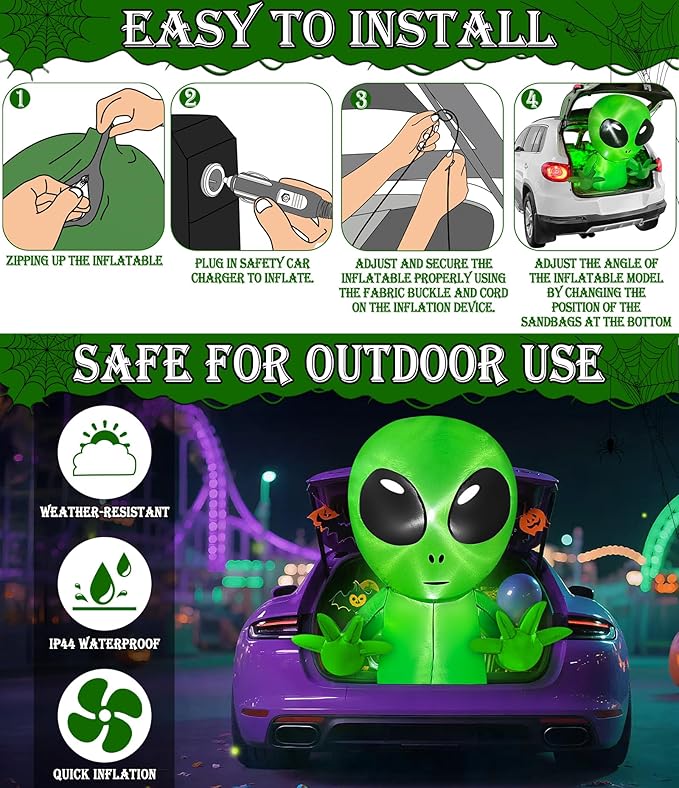 3.5 Ft Halloween Inflatable Alien Trunk Or Treat Car Decoration with Built-in LEDs, Halloween Blow Up Alien Broke Out from Car Decoration Outdoor Yard Decor