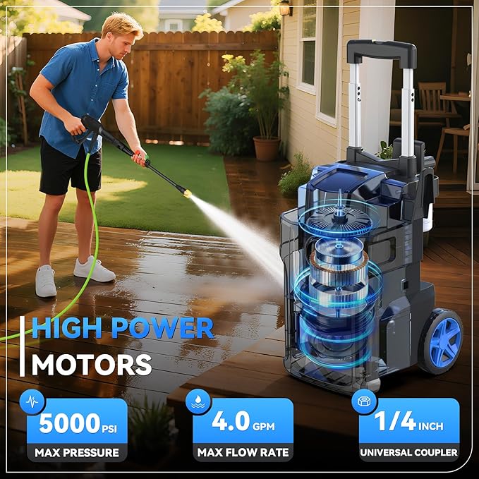 Pressure Cleaner, 5000 PSI 4.0 GPM Heavy Duty Power Cleaner, with 4 Nozzles,Foam Cannon,33FT Hose Reel and 500ml Soap Bottle for Home/Cars(Light Blue)