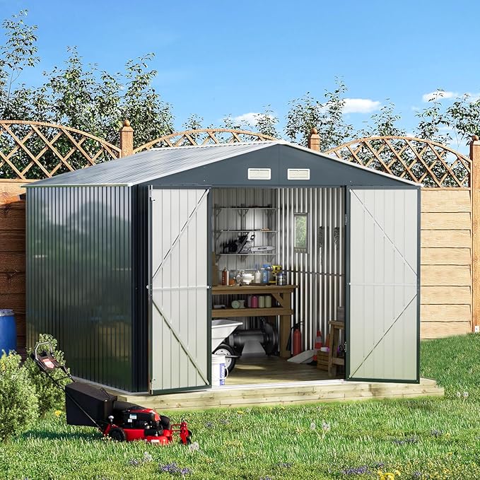 Breezz Outdoor Storage Shed 10 x 10 ft. Utility Tool Shed Metal Storage Garden Shed with Lockable Doors, Windows for Patio Storage,Nightblue