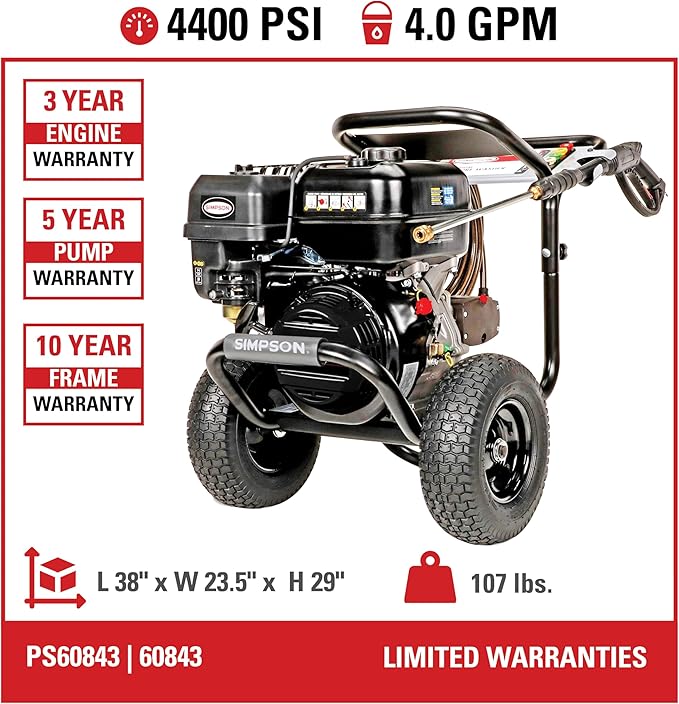 Simpson 4400 PSI Gas Pressure Washer, 4.0 GPM Commercial Power Washer, Cold Water, 50' Hose, PowerShot, 49-State Compliant (PS60843)