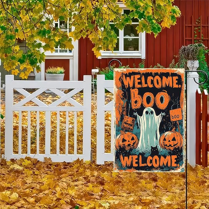 Halloween Welcome Garden Flag 12x18 Inch Double Sided Ghost Boo Welcome Flags Pumpkin Sign Spooky Tree Small Flag Yard Banner for Halloween Outdoor Decoration