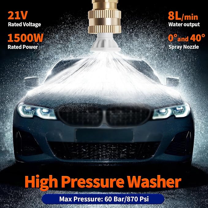 Hidrolavadora Portati, 1500W Cordless Pressure Washer Gun, 60Bar/870 PSI Cordless Portable Pressure Washer with 2 Battery, 2 Nozzles, 5m Hose Cordless Jet Washers, for Cars/Floors/Gardens