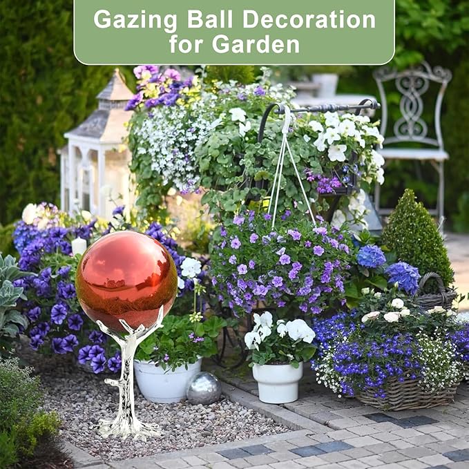 Nerien 10 Inch Gazing Ball, Stainless Steel Garden Mirror Globe, Polished Ornament Sphere, Hollow Floating Reflective Hemisphere, Home Outdoor Pond Housewarming Swimming Pool Decoration Gift, Red
