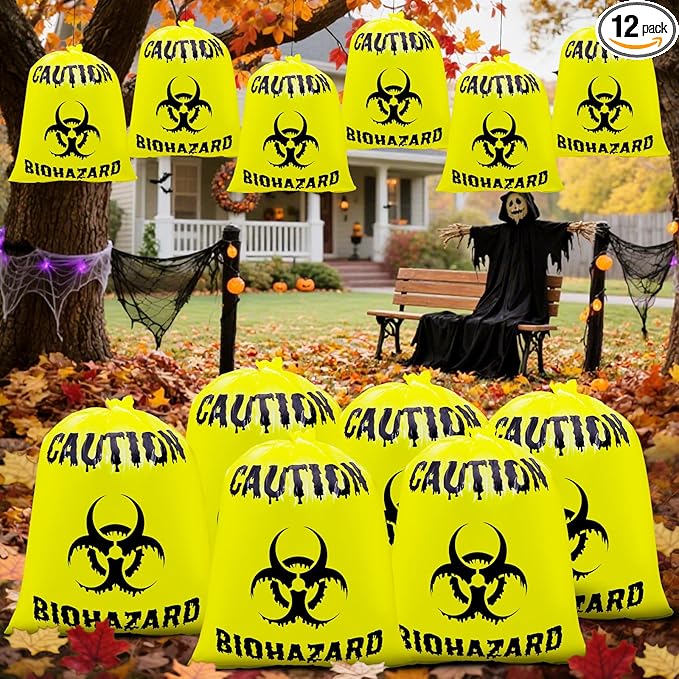 12 Pcs Large Halloween Leaf Bags Biohazard Halloween Decorations Halloween Trash Bags for Leaves Plastic Yard Lawn Waste Bag Scientist Biohazard Bag Outdoor Biohazard Zombie Party Decorations (Yellow)