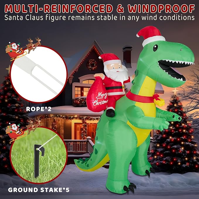8FT Christmas Inflatables Santa Claus Riding Dinosaur,Inflatables Decorations Outdoor/Indoor,Christmas Blow Up Santa Claus Yard Decorations Built-in LED Lights,for Yard/Lawn/Garden.