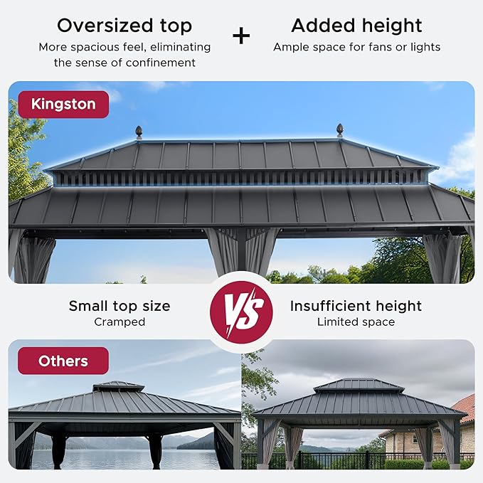 SUNJOY Kingston 20' x 12' Hardtop Gazebo with Galvanized Steel Double Roof, Curtain and Netting, Gray Aluminum Posts Permanent Pavilion Gazebo for Garden, Patio, Deck, Lawn