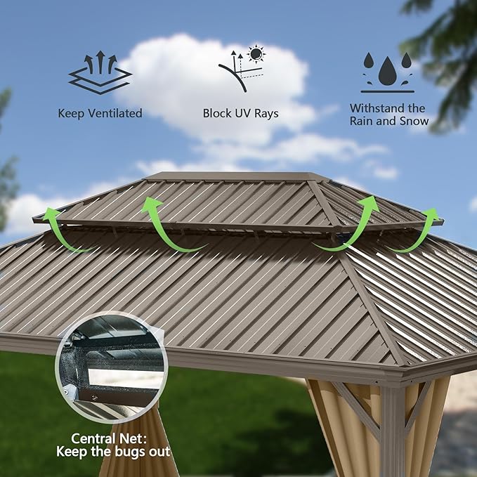 Domi 12'x14' Hardtop Gazebo with Gutters, Outdoor Aluminum Frame Canopy with Galvanized Steel Double Roof, Outdoor Permanent Metal Pavilion with Curtains and Netting for Patio, Backyard and Lawn