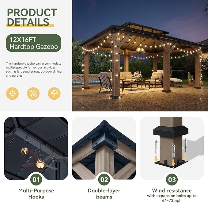 Aoxun 12' x 16' Outdoor Wood Gazebo, Hardtop Gazebo Permanent Wooden Pavilion with Galvanized Steel Double Roof, for Patio, Garden, Backyard, Cedar Wood