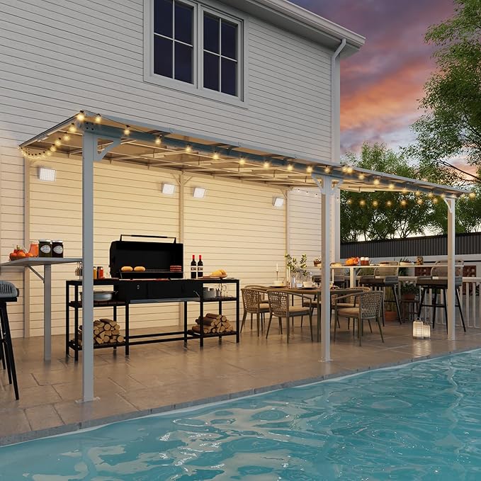 MEISSALIVVE 12' x 16' Wall Mounted Gazebo, Outdoor BBQ Grill Gazebo with Side Shelf, Lean to Metal Awnings with Sloped Roof, Heavy Duty Pergola for Backyard, Deck, White