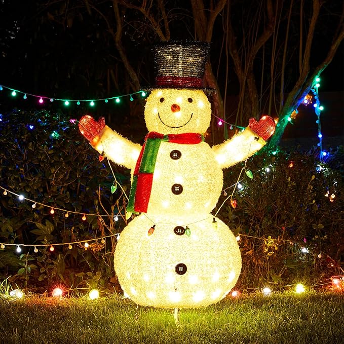 Glitzhome 47.25" H Lighted Christmas Snowman, 3D Foldable Fabric Outdoor Decor with Colorful Bulbs Holiday Lawn Ornament Yard Decoration Outdoor and Indoor use Long-Lasting, 160 Warm White LED