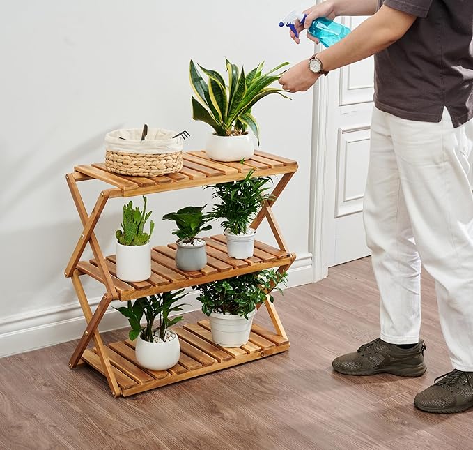 BEEFURNI Acacia Plant Stand Indoor, Wooden Outdoor Planter Stand, 3 Tier Succulent Shelf, Easy Assembly, Patio Balcony Sunroom Decor, Flower Garden Shelf, 1-year Manufacturer Warranty (Natural Wood)