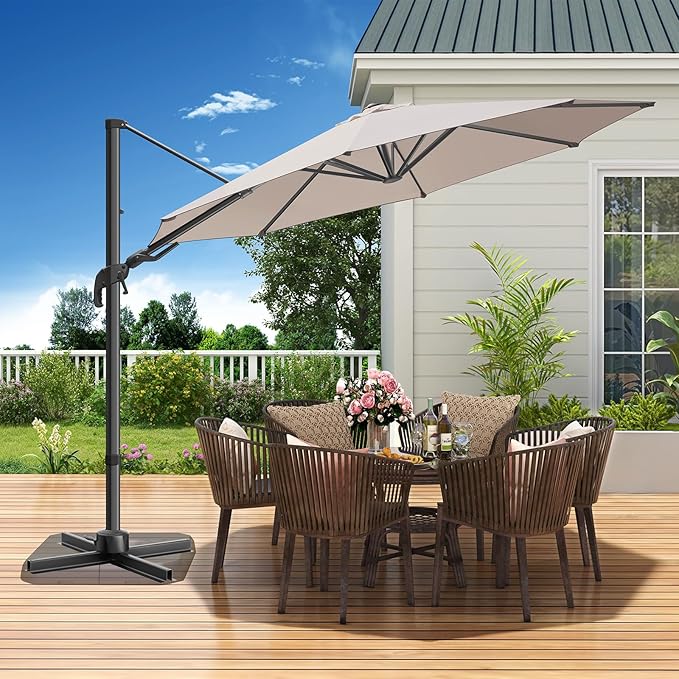 10 FT Patio Umbrella, Outdoor Cantilever Round Umbrella with Creative Swivel Handle and Tilt, Olefin Large Offset Umbrella with 360-degree Rotation Table Garden Pool Patio Umbrellas, Champagne