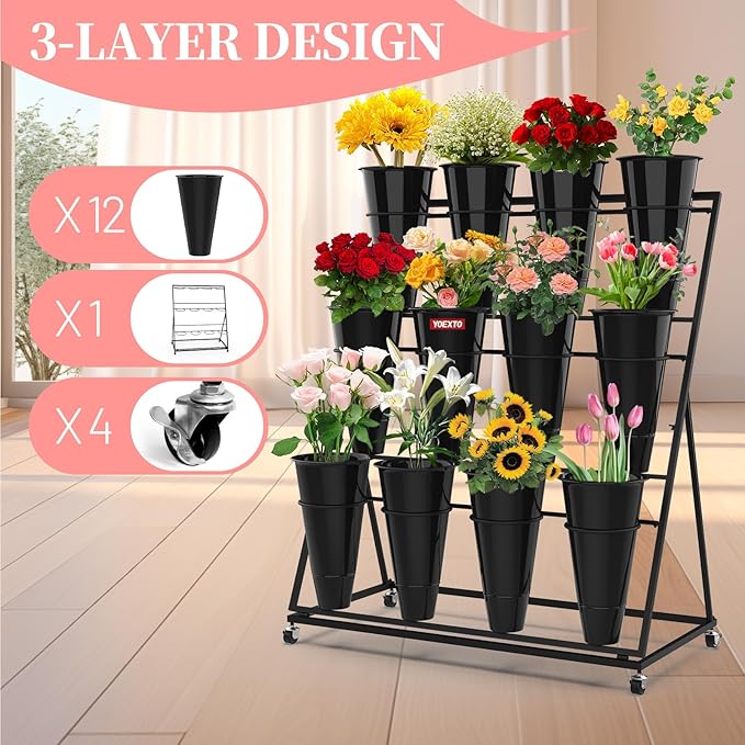 Flower Display Stand with Buckets, 3-Layers 12 PCS Buckets Plant Stand with Wheels, Movable Metal Plant Stand for Terrace Garden, Living Room, Florist Shop