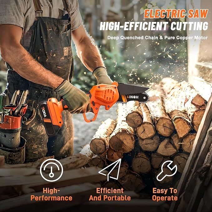 Mini Chainsaw, 4 inch Mini Chainsaw Cordless, Small Hand held Electric Power Chain Saw Battery Powered Operated, Household and Garden for Tree Trimming Wood Cutting, Gifts for Father Husband Men