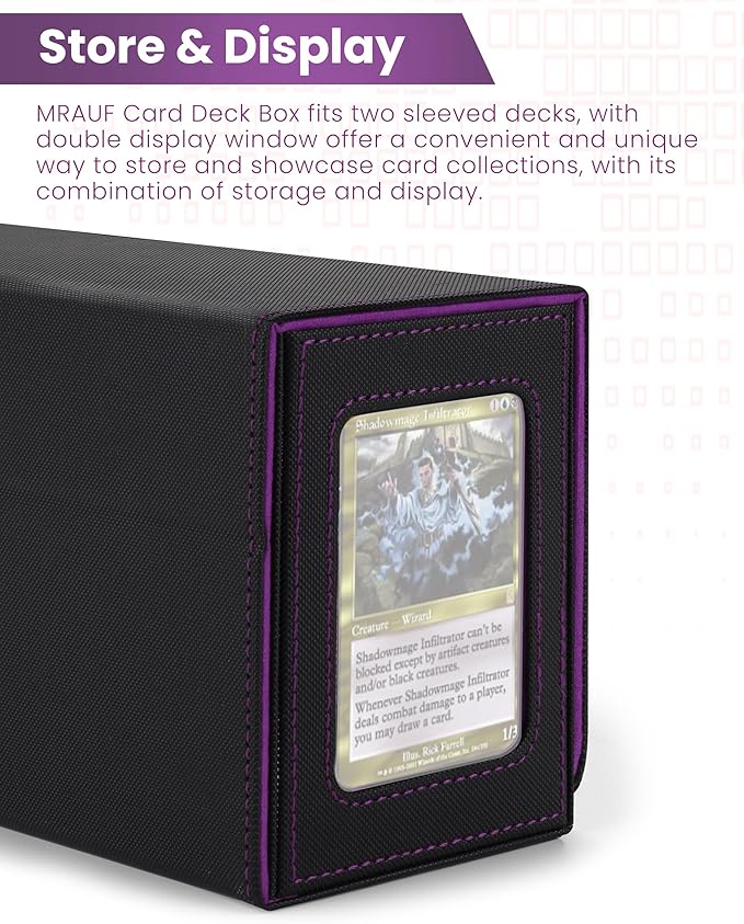MRAUF MTG Deck Box with Double Commander Display and Dice Tray, Fits 200+ Double Sleeved Cards, Card Storage Box Plus 2 Magnetic Holders& 100Pcs Card Sleeves (Black& Purple)