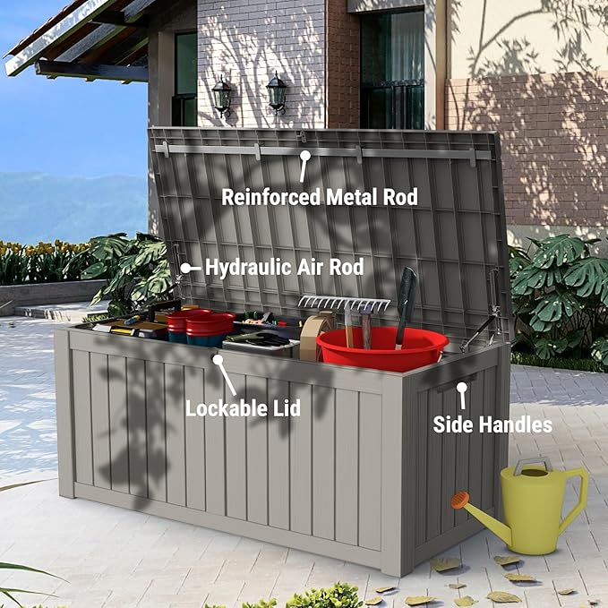 Mars Villa 120 Gallon Outdoor Storage Box, Waterproof Deck Box, Large Outside Storage Bin for Patio Furniture Cushions, Pool Supplies, Garden Tools, Weatherproof, Grey